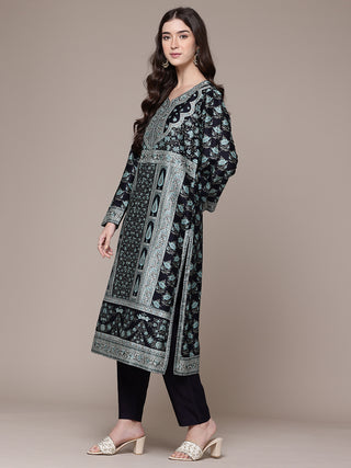 Black full sleeve floral print kurta set