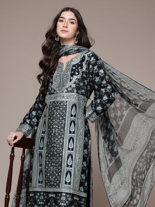 Black full sleeve floral print kurta set