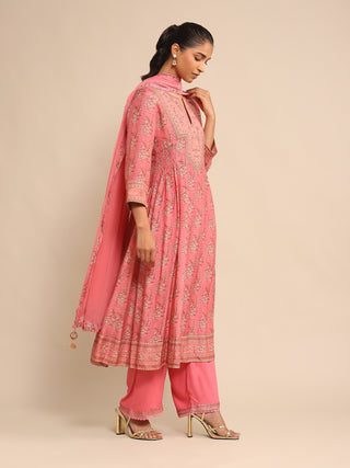 Ritu Kumar-Pink Printed Viscose Kurta Set-INDIASPOPUP.COM