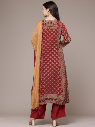 Red full sleeve geometric print kurta set