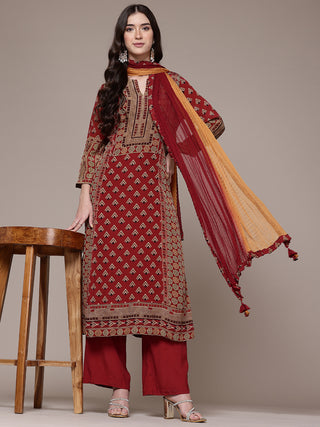 Red full sleeve geometric print kurta set