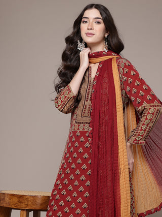 Red full sleeve geometric print kurta set