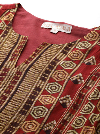 Red full sleeve geometric print kurta set