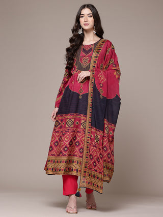 Red full sleeve tribal print kurta set