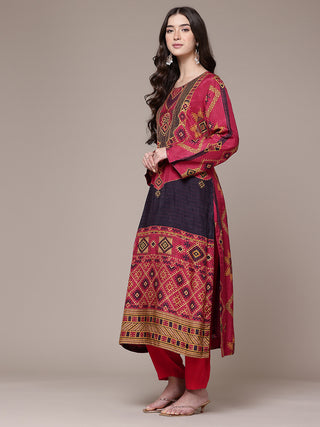 Red full sleeve tribal print kurta set