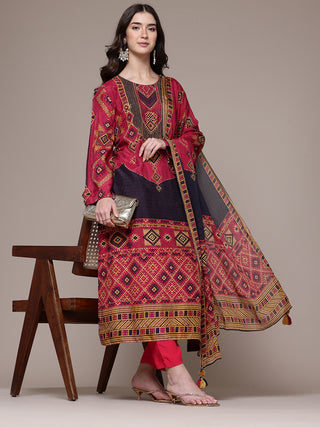 Red full sleeve tribal print kurta set