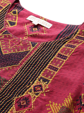 Red full sleeve tribal print kurta set