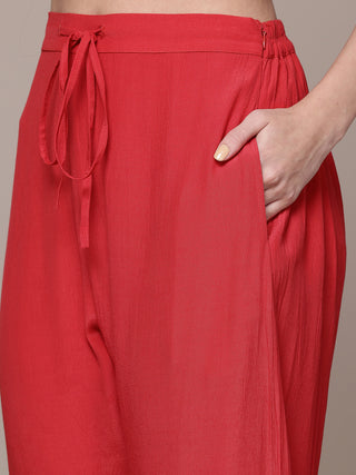 Red full sleeve tribal print kurta set