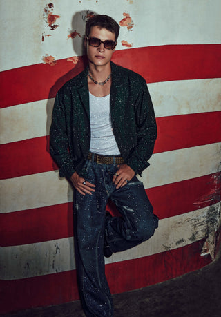 Emerald bomber and jeans