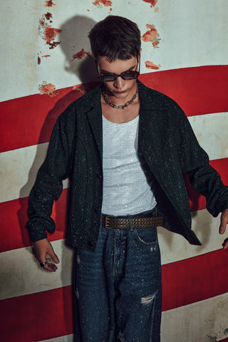 Emerald bomber and jeans