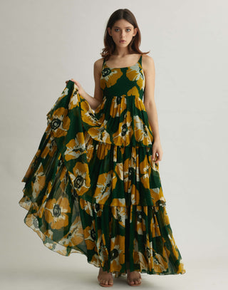 Green And Mustard Floral Sleeveless Long Dress by Koai available on Indiaspopup