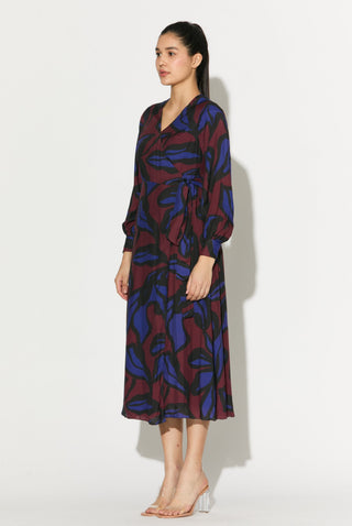 Blue maroon and black floral wrap dress