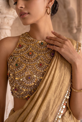 Kanakavali gold pre-draped sari with blouse