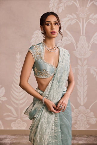 Sage green gold tissue sari set