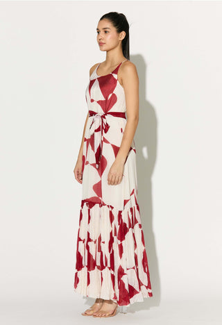 White and red abstract sleeveless long dress
