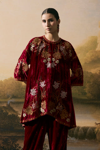 Cherry red velvet short kurta set