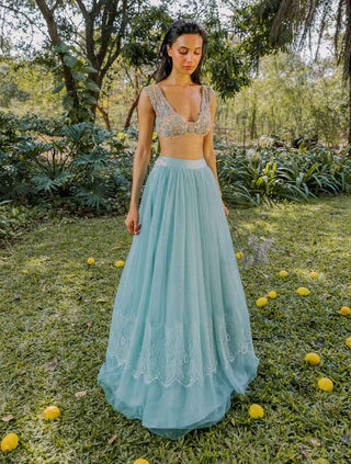 Nude tulle crop and blue skirt