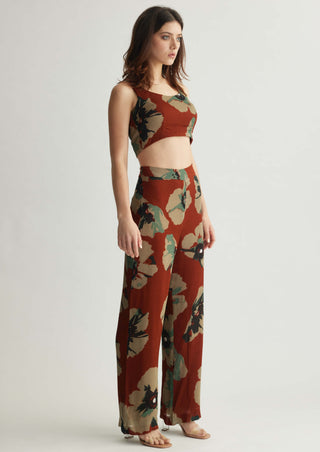 Brown and beige floral pant and cape set