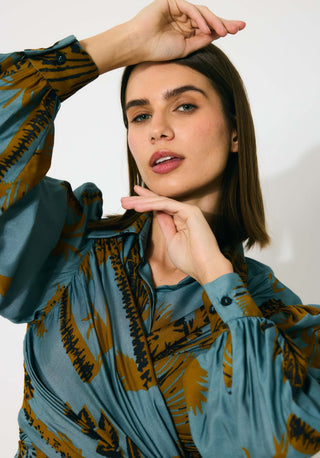 Sky blue and mustard floral wrap shirt dress