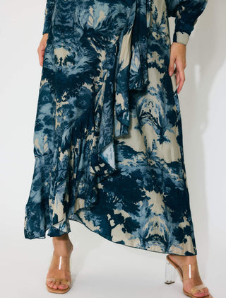 Blue, indigo and beige toile print shirt and skirt