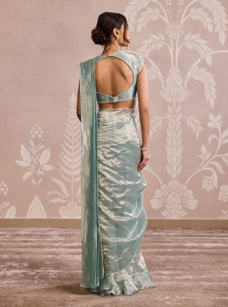 Sage green gold tissue sari set