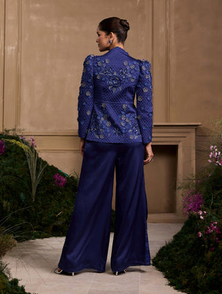 Cobalt Blue Metallic Quilted Peplum Jacket And Pants by Chandrima available on Indiaspopup