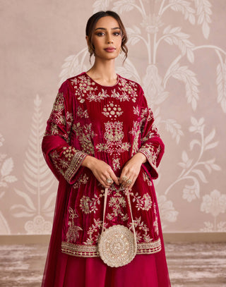 Fuchsia velvet kurta and sharara set