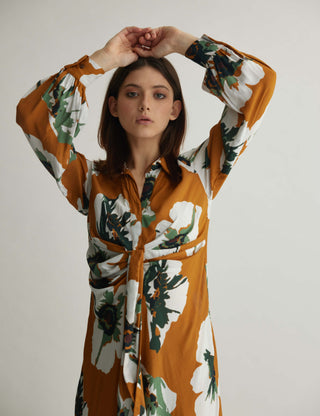 Rust And White Floral Drape Shirt Dress by Koai available on Indiaspopup