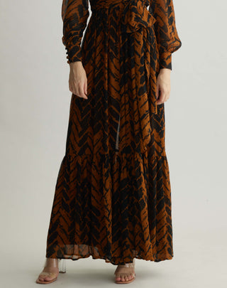 Rust and black chevron print wrap jumpsuit