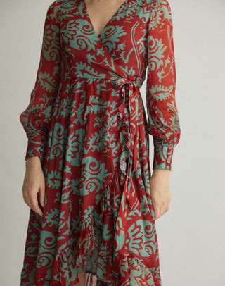 Mint and red floral wrap dress