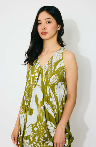 Leaf green and white floral sleeveless long dress