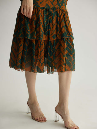 Rust and green chevron print midi dress