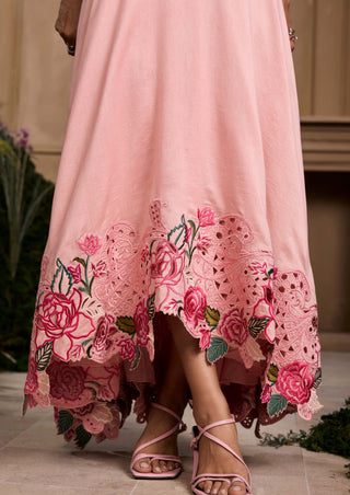 Rose Pink Embroidered Flounce Dress by Chandrima available on Indiaspopup