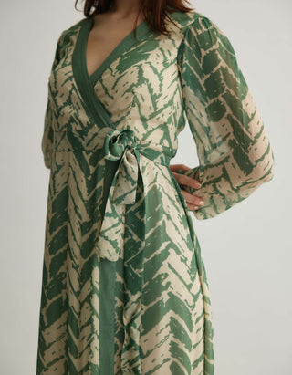 Beige and mint chevron print wrap dress