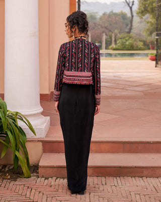 Chhavvi Aggarwal-Black Short Jacket And Draped Skirt Set-INDIASPOPUP.COM