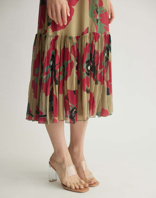 Beige, Pink And Green Floral Midi Dress by Koai available on Indiaspopup