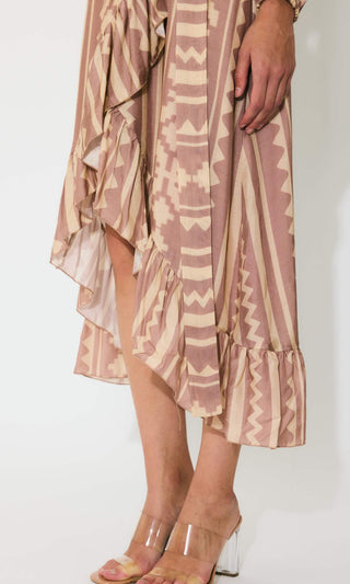 Peach and cream pattern wrap dress