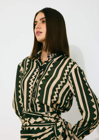Dark green and cream pattern shirt and skirt