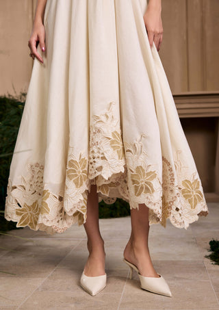 Ivory & gold pleated embroidered flounce dress