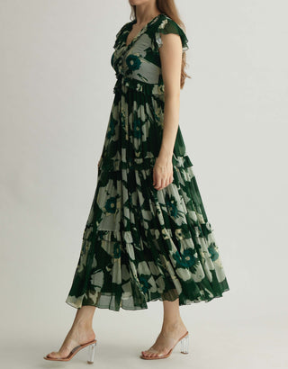 Green and beige floral midi dress