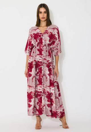 Peach, red and cream toile print kaftan dress