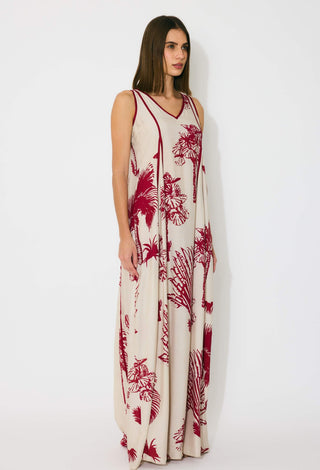 Beige and red floral sleeveless long dress