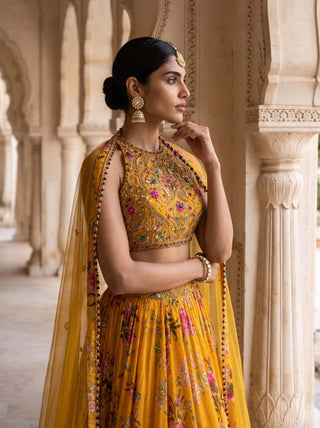 Genda bag yellow chintz lehenga set
