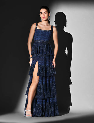 Indigo swirl print peplum top and tier skirt