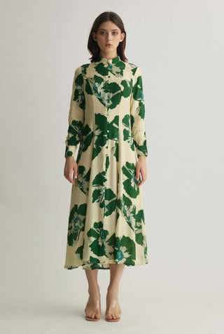 Beige and green floral long shirt dress