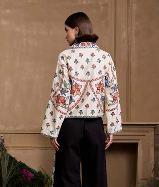 Ivory Contrast Panel Floral Short Jacket by Chandrima available on Indiaspopup