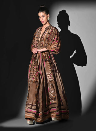Geometric fuchsia placement print maxi dress and belt