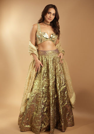 Lampi Gold Lehenga Set by Itrh, available on Indiaspopup.com