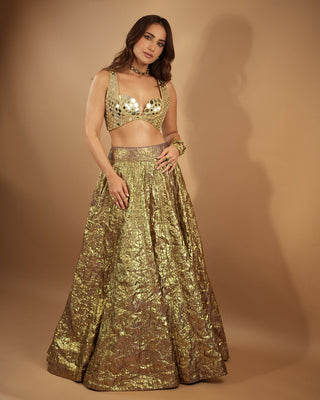 Lampi Gold Lehenga Set by Itrh, available on Indiaspopup.com