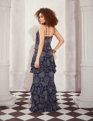 Nikita Mhaisalkar-Blue Mosaic Layered Maxi Dress And Scarf-INDIASPOPUP.COM